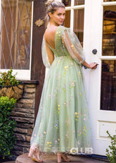 Tulle Sage Floral Prom Dress Long With A - line V - neck Embroidery - Sage Floral - PromDressClub